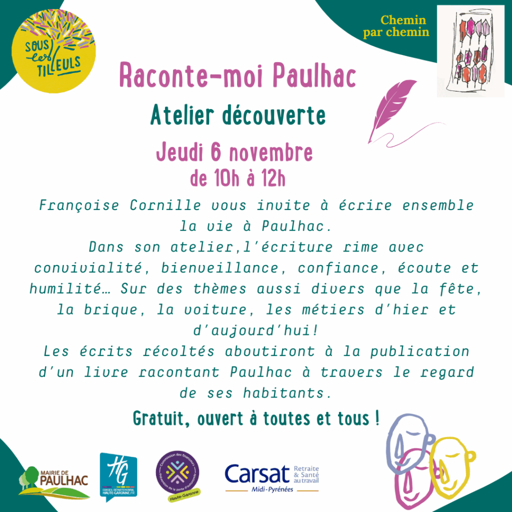 Affichette de Chemin par chemin pour l'atelier d'écriture créatif et intergénérationnel du 6 novembre